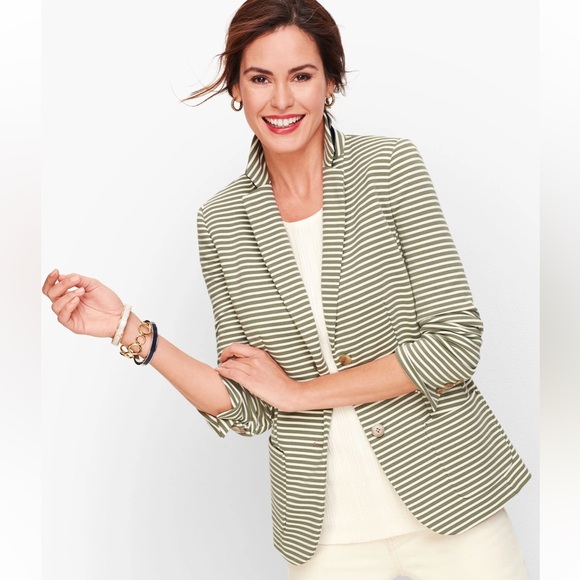 Talbots Jackets & Blazers - Talbots Aberdeen Striped Blazer Size 14 Olive Green White Knit Career Preppy